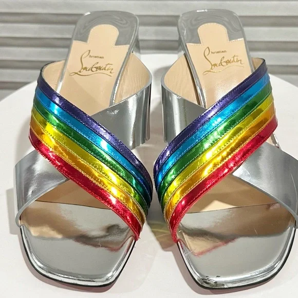 🌺CHRISTIAN LOUBOUTIN🌺 Arkenmule Silver Rainbow Mule Sandal Size: 36.5 - Picture 3 of 15